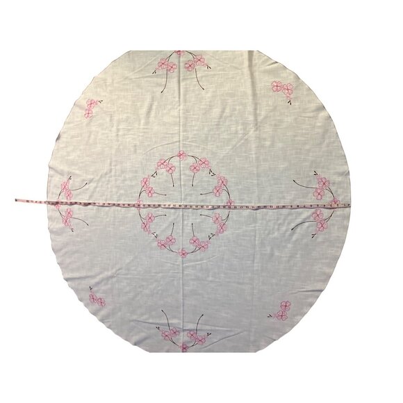 Vintage Handmade Round Tablecloth Used Cream with Pink and Brown - Picture 8 of 16
